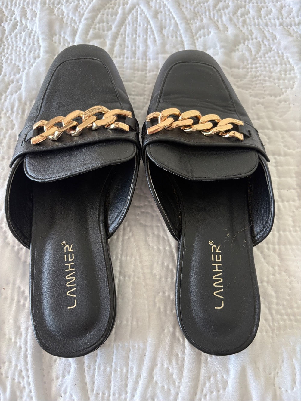 Black Slip-On Mules with Gold Chain Accent